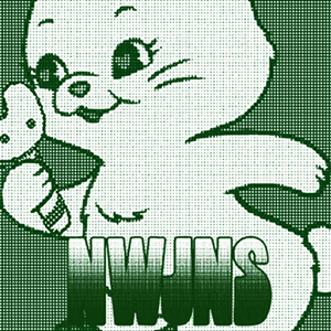 Illustrated bunny on a pixelated green background holding a Binky Bong with the NewJeans logo in foreground