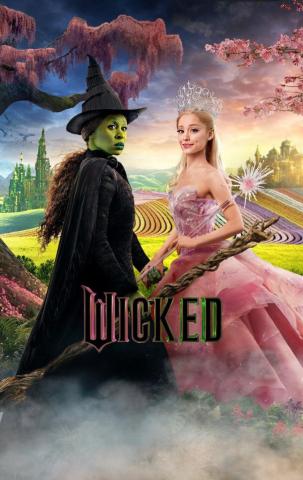 Elphaba and Glinda looking towards the viewer with Oz in the background