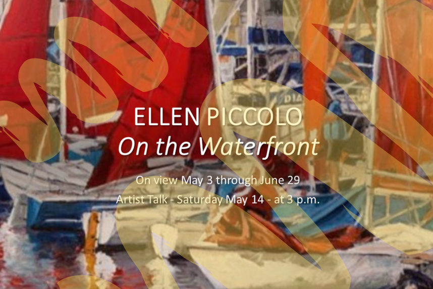 Painting of sailboats with Ellen Piccolo On the Waterfront written on top